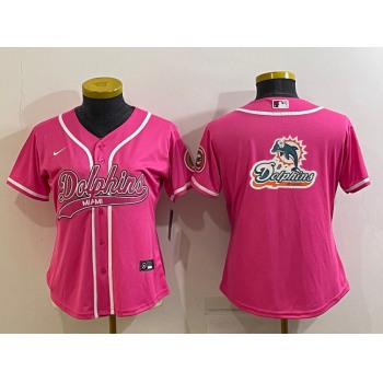 Women's Miami Dolphins Pink Team Big Logo With Patch Cool Base Stitched Baseball Jersey