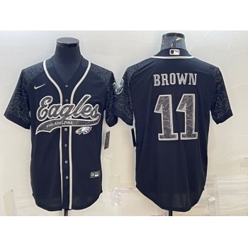 Men's Philadelphia Eagles #11 AJ Brown Black Reflective With Patch Cool Base Stitched Baseball Jersey