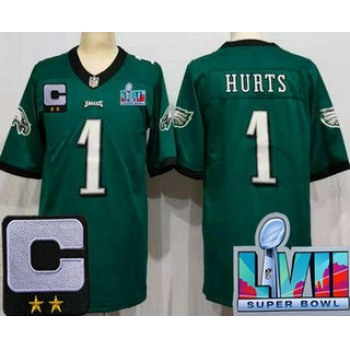 Men's Philadelphia Eagles #1 Jalen Hurts Limited Green C Patch Super Bowl LVII Vapor Jersey