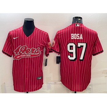 Men's San Francisco 49ers #97 Nick Bosa Red Pinstripe Color Rush With Patch Cool Base Stitched Baseball Jersey