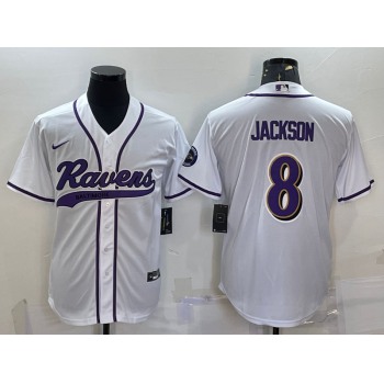 Men's Baltimore Ravens #8 Lamar Jackson White With Patch Cool Base Stitched Baseball Jersey
