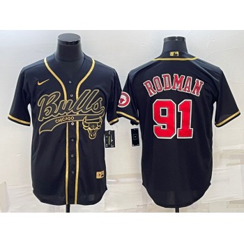 Men's Chicago Bulls #91 Dennis Rodman Black Gold With Patch Cool Base Stitched Baseball Jersey