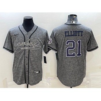 Men's Dallas Cowboys #21 Ezekiel Elliott Grey Gridiron With Patch Cool Base Stitched Baseball Jersey