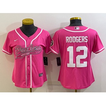 Women's Green Bay Packers #12 Aaron Rodgers Pink With Patch Cool Base Stitched Baseball Jersey