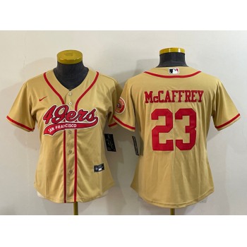 Women's San Francisco 49ers #23 Christian McCaffrey Gold With Patch Cool Base Stitched Baseball Jersey