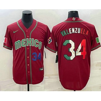 Men's Mexico Baseball #34 Fernando Valenzuela Number 2023 Red Blue World Baseball Classic Stitched Jersey3