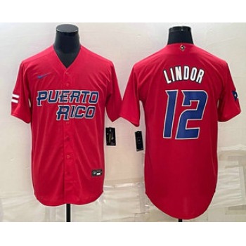 Men's Puerto Rico Baseball #12 Francisco Lindor 2023 Red World Baseball Classic Stitched Jerseys