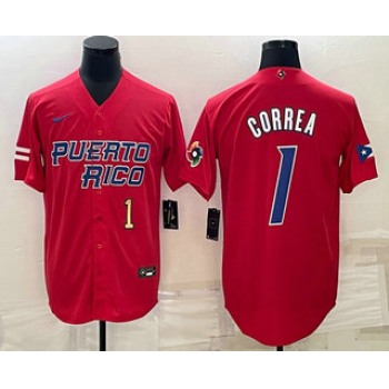 Men's Puerto Rico Baseball #1 Carlos Correa Number 2023 Red World Baseball Classic Stitched Jerseys