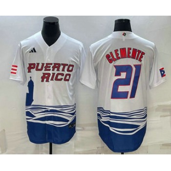 Men's Puerto Rico Baseball #21 Roberto Clemente 2023 White World Baseball Classic Stitched Jerseys