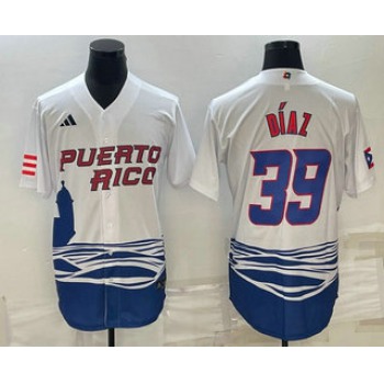 Men's Puerto Rico Baseball #39 Edwin Diaz 2023 White World Baseball Classic Stitched Jersey