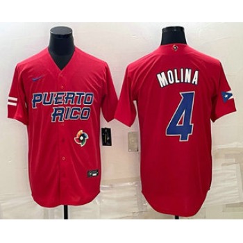 Men's Puerto Rico Baseball #4 Yadier Molina 2023 Red World Baseball Classic Stitched Jersey