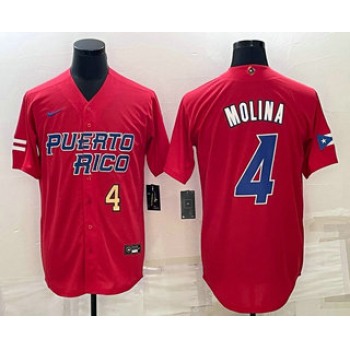 Men's Puerto Rico Baseball #4 Yadier Molina Number 2023 Red World Baseball Classic Stitched Jersey