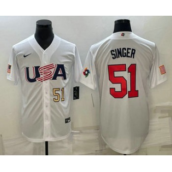 Men's USA Baseball #51 Brady Singer Number 2023 White World Baseball Classic Stitched Jerseys