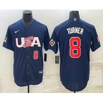 Men's USA Baseball #8 Trea Turner Number 2023 Navy World Baseball Classic Stitched Jerseys