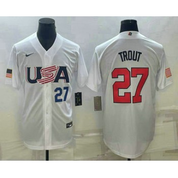 Mens USA Baseball #27 Mike Trout Number 2023 White World Baseball Classic Replica Stitched Jersey