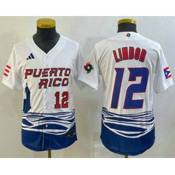 Youth Puerto Rico Baseball #12 Francisco Lindor Number 2023 White World Baseball Classic Stitched Jersey