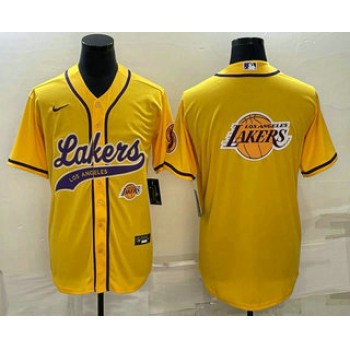 Men's Los Angeles Lakers Yellow Team Big Logo With Patch Cool Base Stitched Baseball Jersey