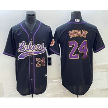 Men's Los Angeles Lakers #24 Kobe Bryant Number Black With Patch Cool Base Stitched Baseball Jersey