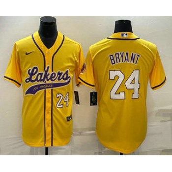 Men's Los Angeles Lakers #24 Kobe Bryant Number Yellow With Patch Cool Base Stitched Baseball Jersey