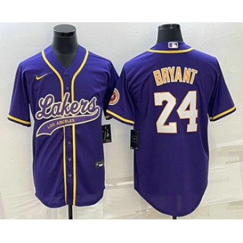 Men's Los Angeles Lakers #24 Kobe Bryant Purple With Patch Cool Base Stitched Baseball Jersey